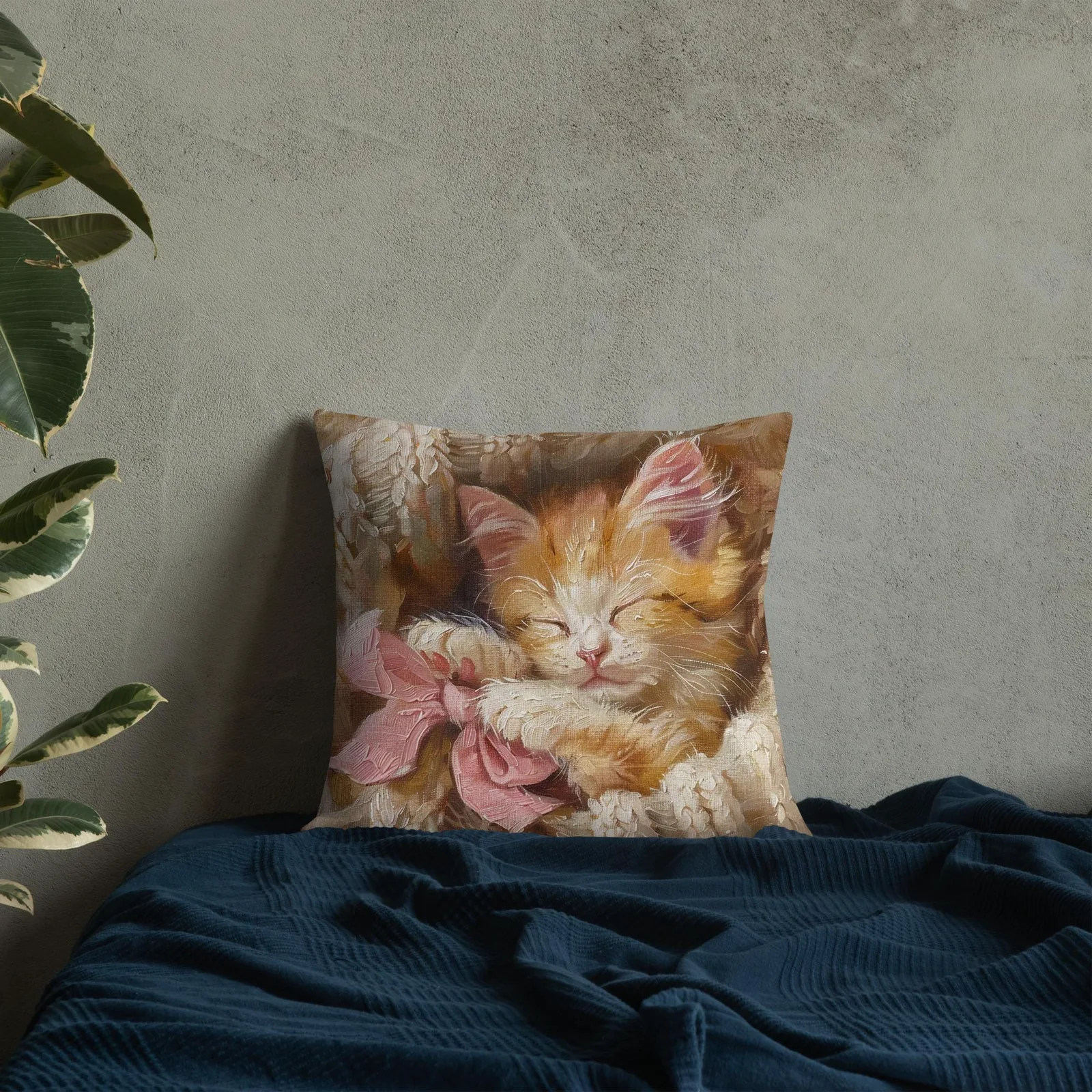Cozy Kitten Throw Pillow: Linen-Feel Cat Cushion with Pink Bow, photo 6
