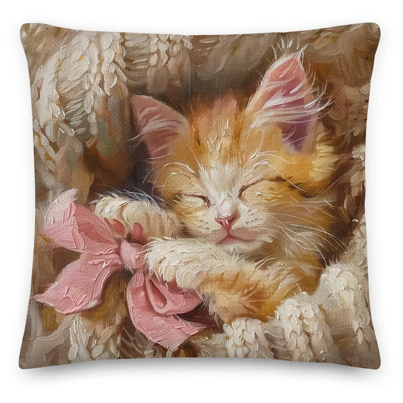 Cozy Kitten Throw Pillow: Linen-Feel Cat Cushion with Pink Bow