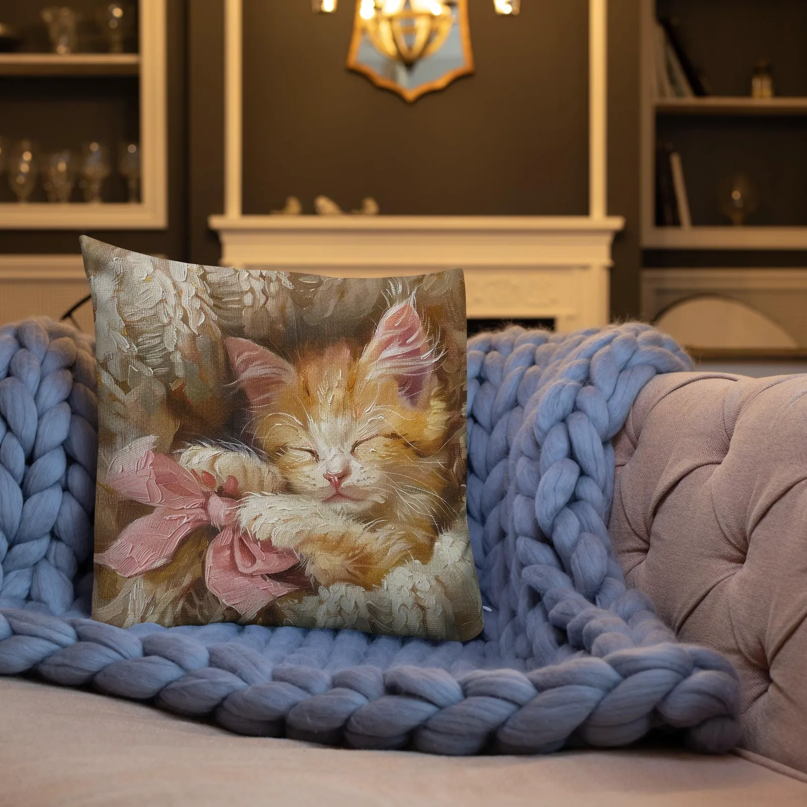 Cozy Kitten Throw Pillow: Linen-Feel Cat Cushion with Pink Bow, photo 8
