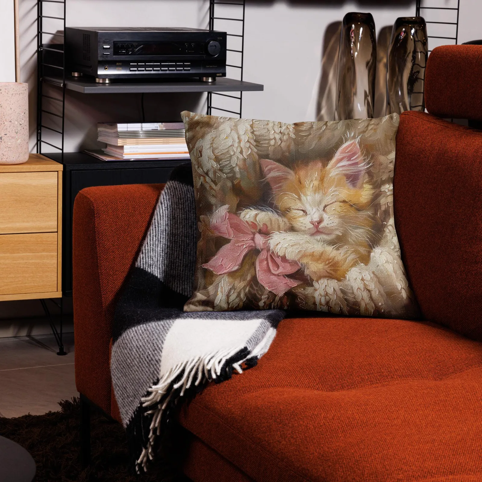 Cozy Kitten Throw Pillow: Linen-Feel Cat Cushion with Pink Bow, photo 4