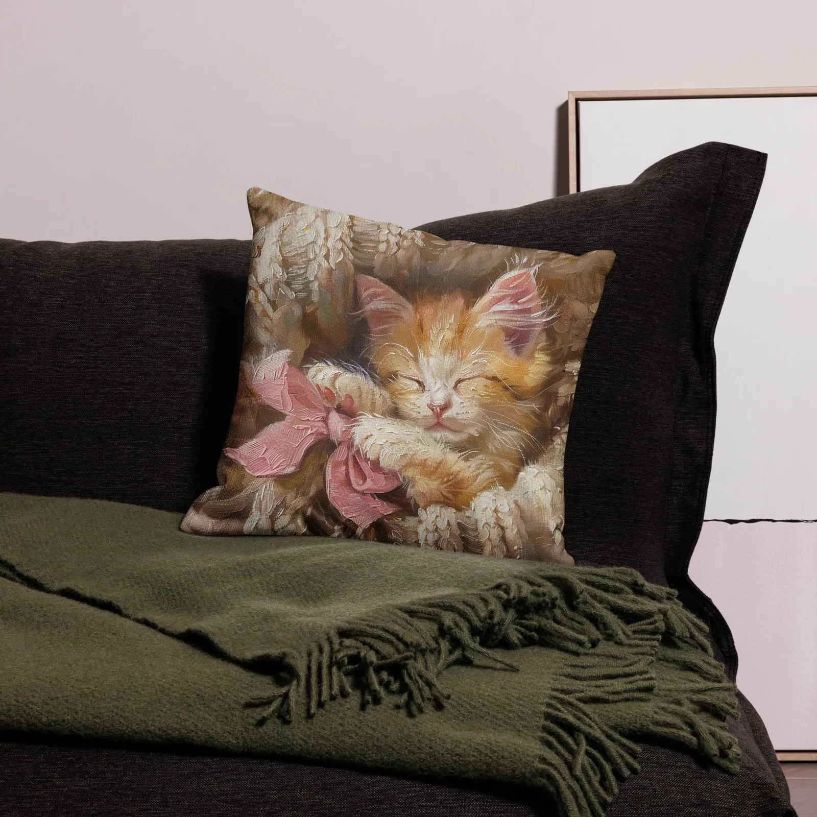 Cozy Kitten Throw Pillow: Linen-Feel Cat Cushion with Pink Bow, photo 2