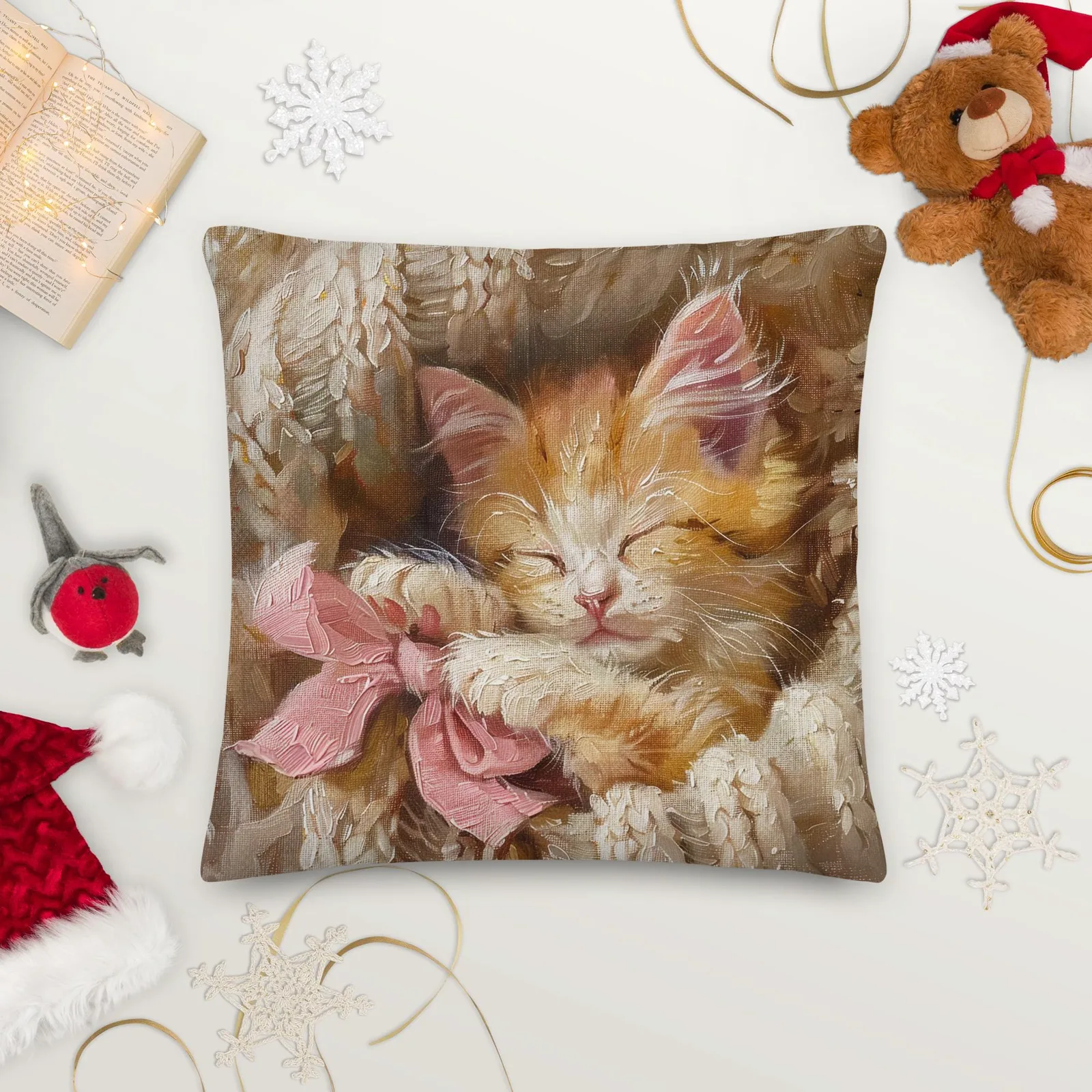 Cozy Kitten Throw Pillow: Linen-Feel Cat Cushion with Pink Bow, photo 10