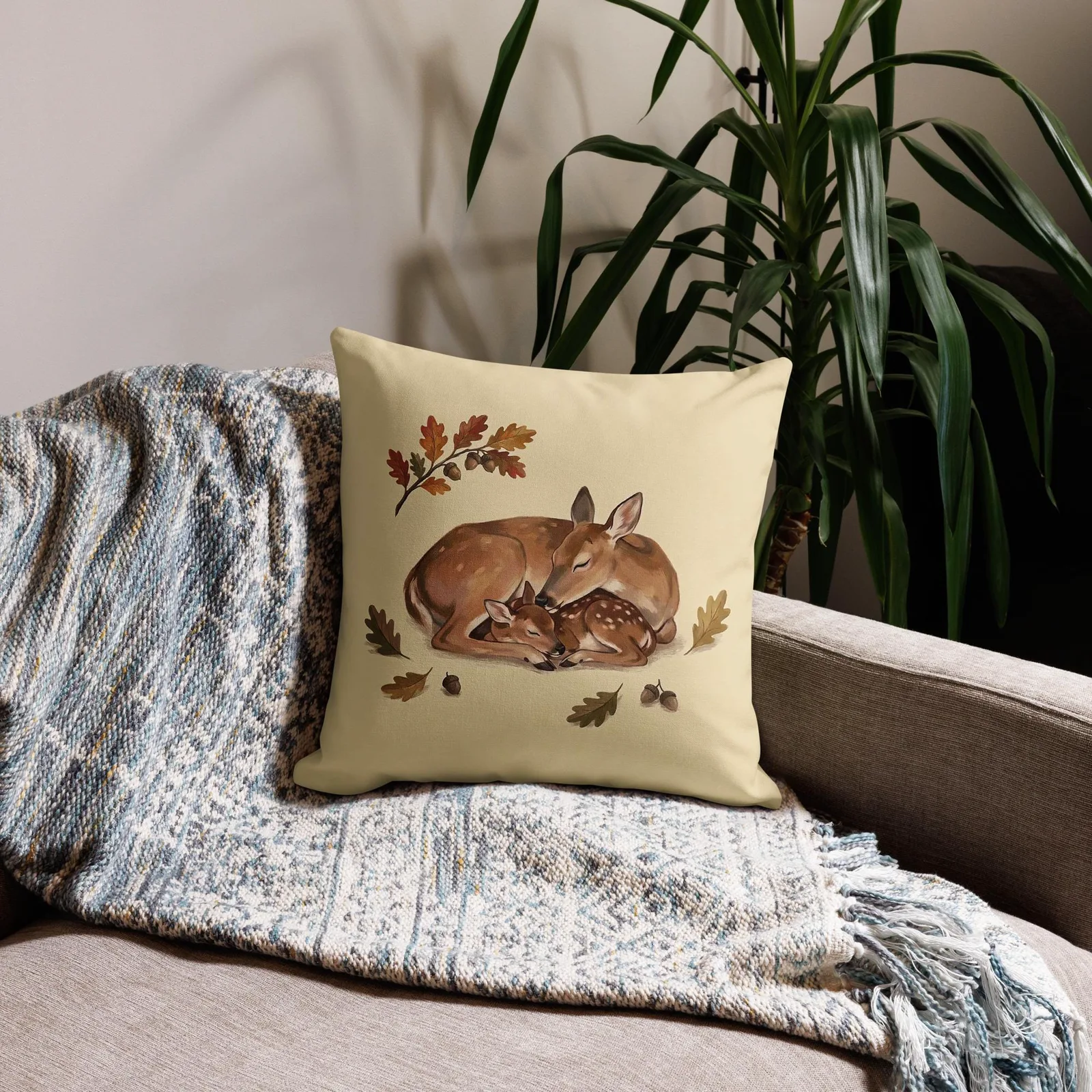 Doe and Fawn Sleeping Throw Pillow: Cream Fall Woodland Decor Cushion, photo 8