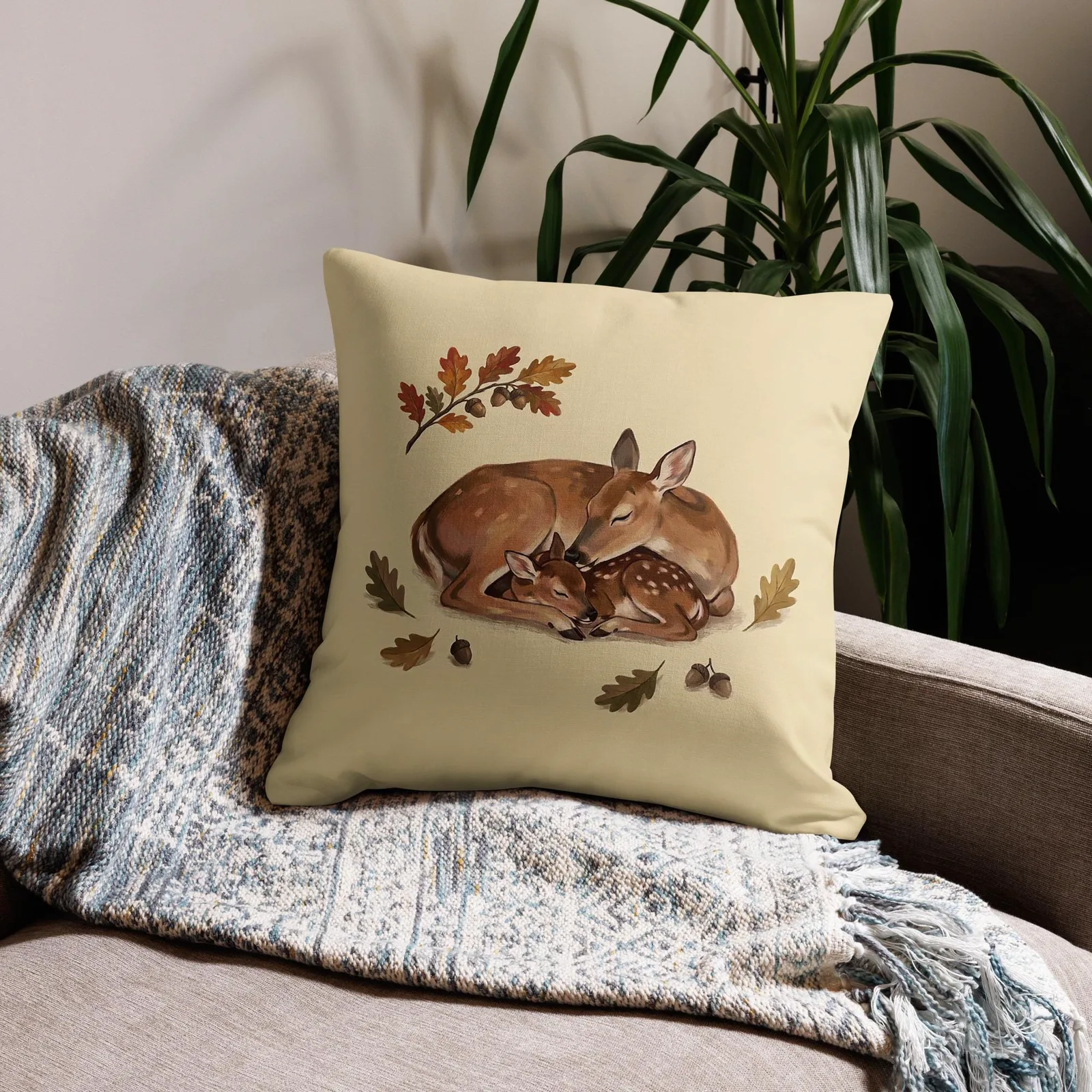 Doe and Fawn Sleeping Throw Pillow: Cream Fall Woodland Decor Cushion, photo 9