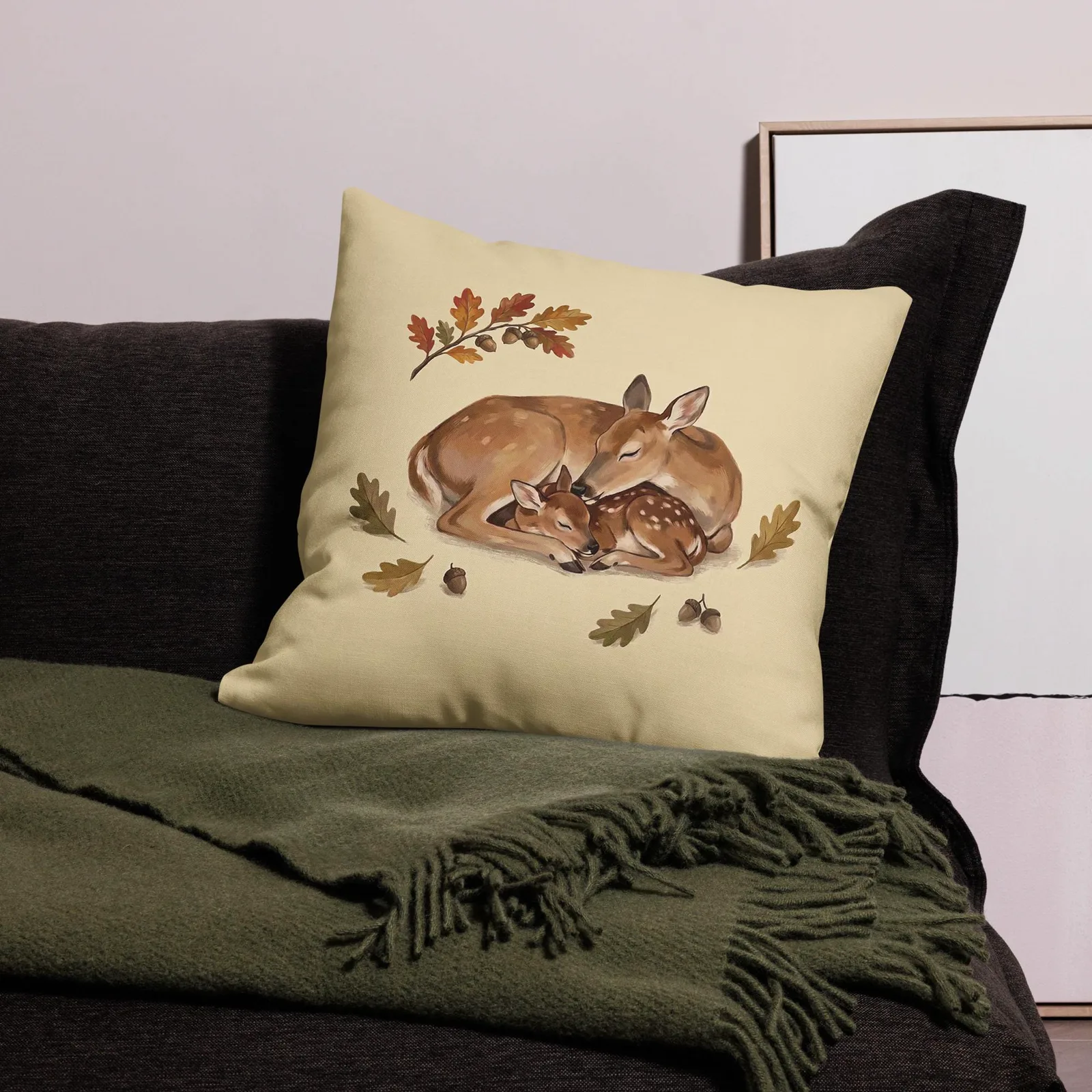 Doe and Fawn Sleeping Throw Pillow: Cream Fall Woodland Decor Cushion, photo 10