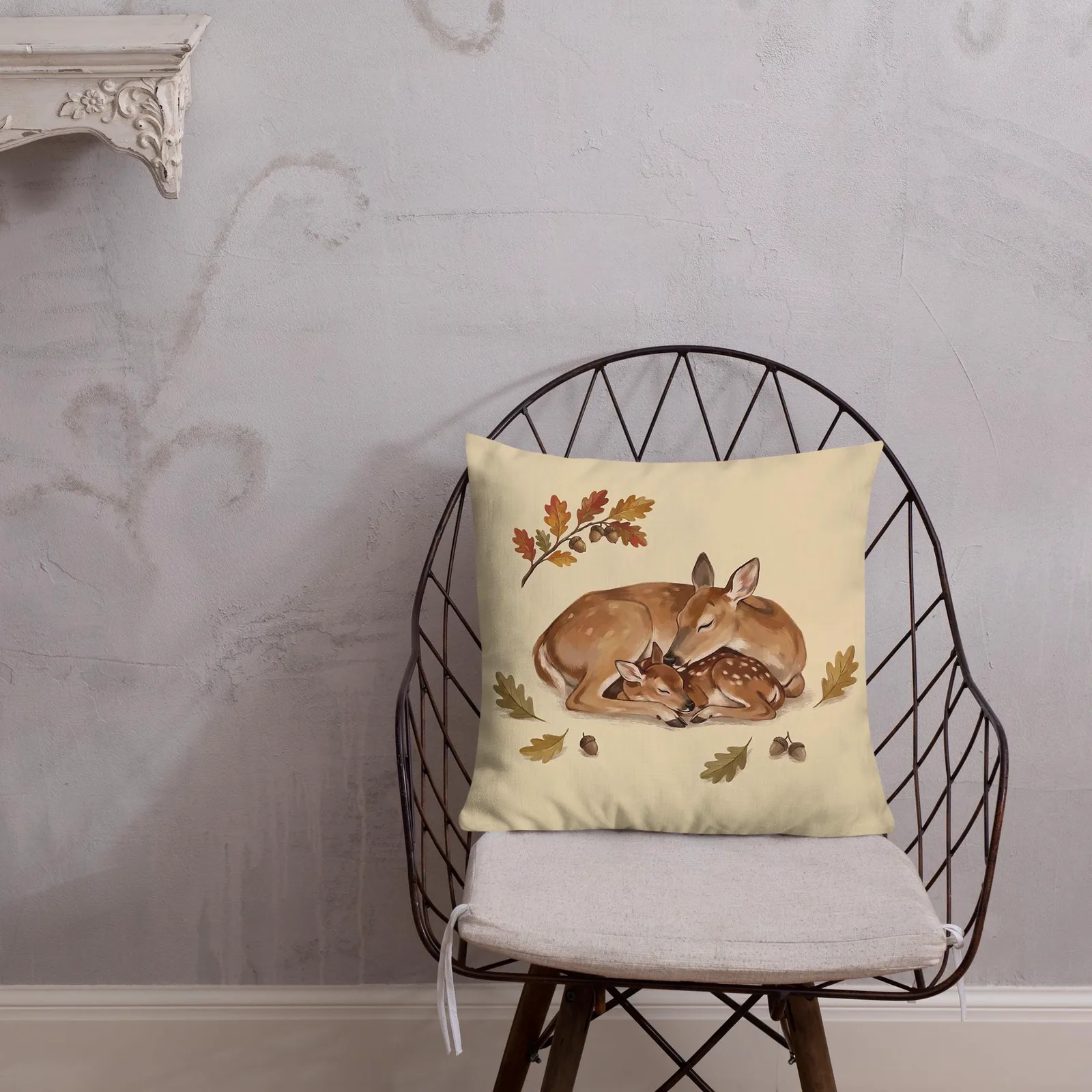 Doe and Fawn Sleeping Throw Pillow: Cream Fall Woodland Decor Cushion, photo 4