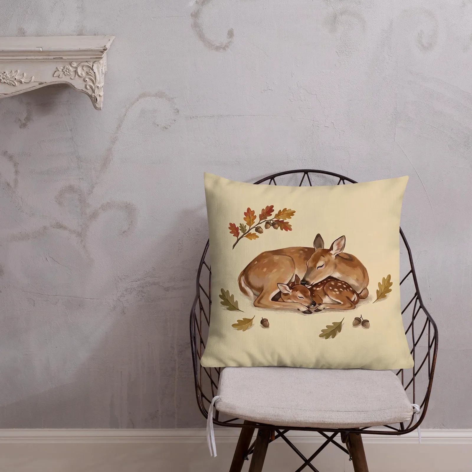 Doe and Fawn Sleeping Throw Pillow: Cream Fall Woodland Decor Cushion, photo 5