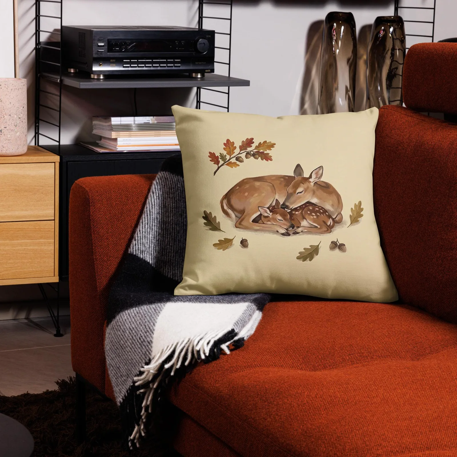 Doe and Fawn Sleeping Throw Pillow: Cream Fall Woodland Decor Cushion, photo 7