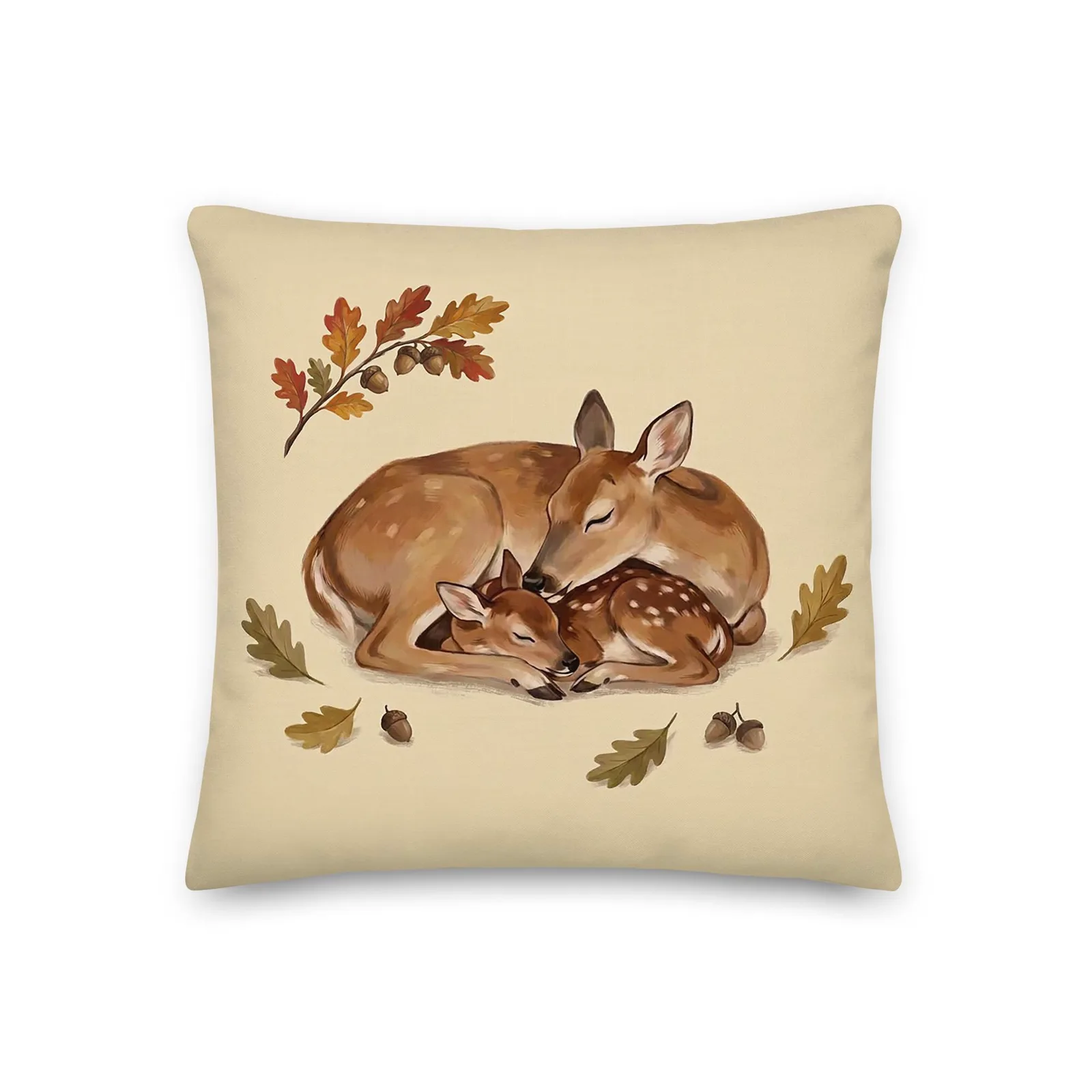 Doe and Fawn Sleeping Throw Pillow: Cream Fall Woodland Decor Cushion