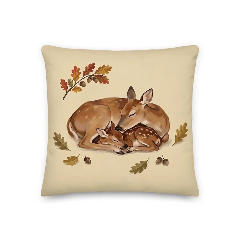Doe and Fawn Sleeping Throw Pillow: Cream Fall Woodland Decor Cushion