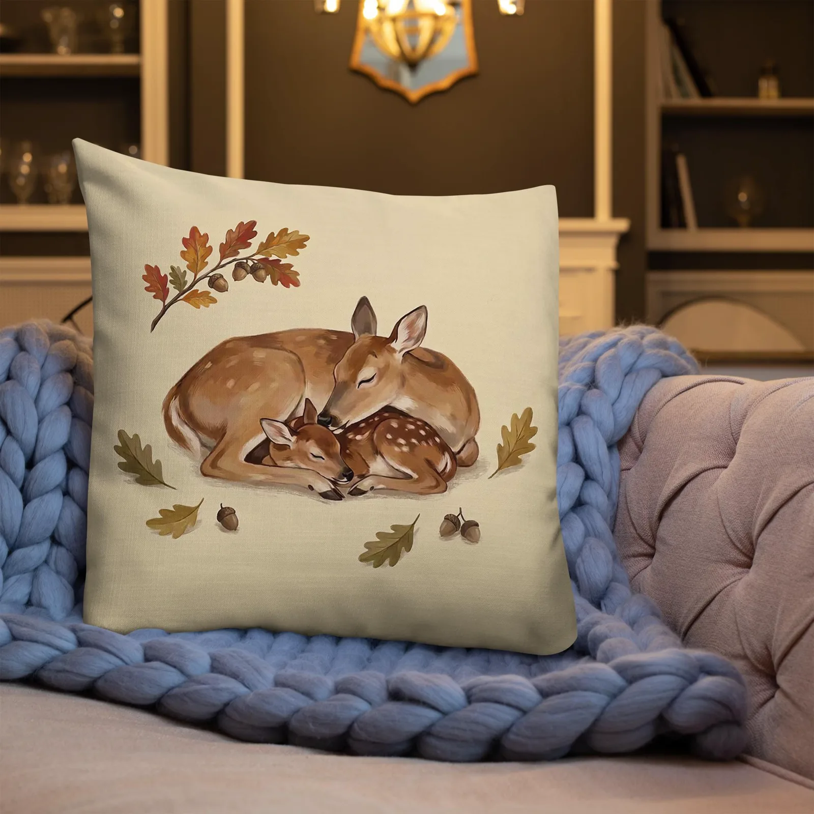 Doe and Fawn Sleeping Throw Pillow: Cream Fall Woodland Decor Cushion, photo 3