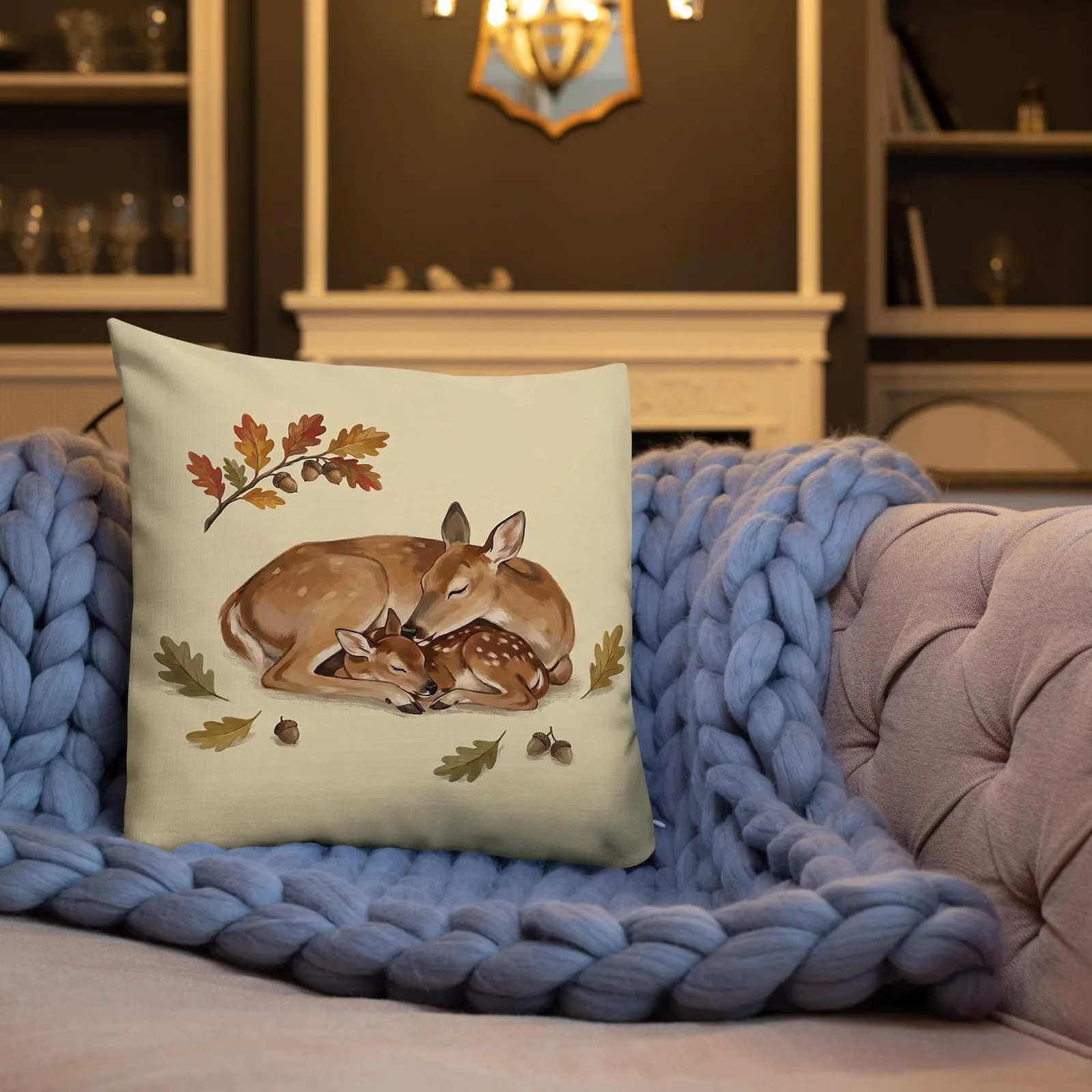 Doe and Fawn Sleeping Throw Pillow: Cream Fall Woodland Decor Cushion, photo 2