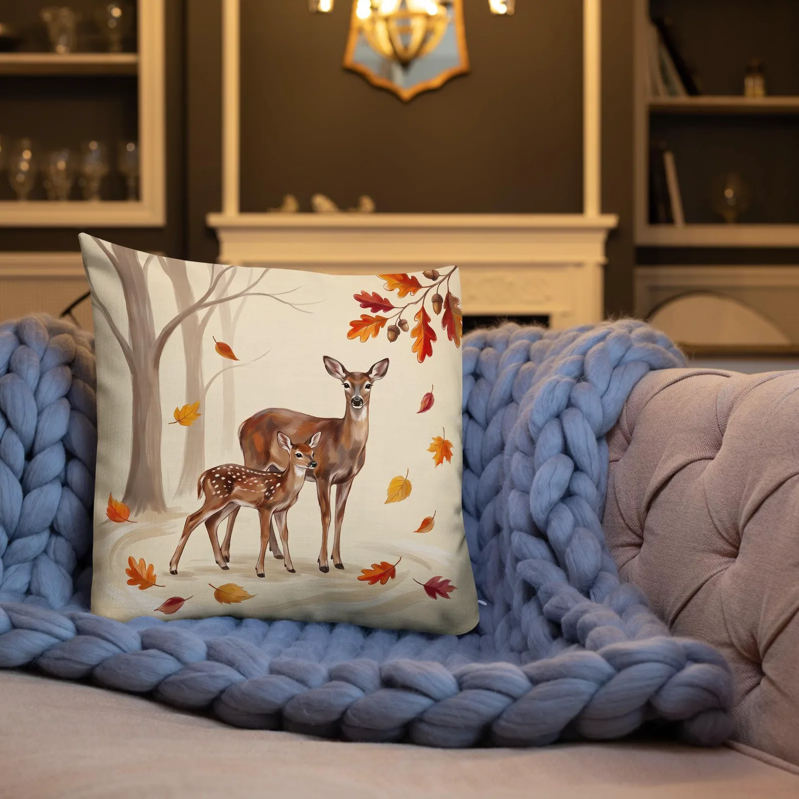 Doe and Fawn Throw Pillow: Cream Forest Animal Decor Cushion, photo 2