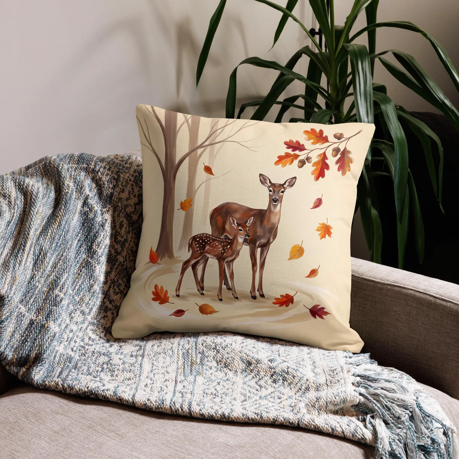 Doe and Fawn Throw Pillow: Cream Forest Animal Decor Cushion, photo 9