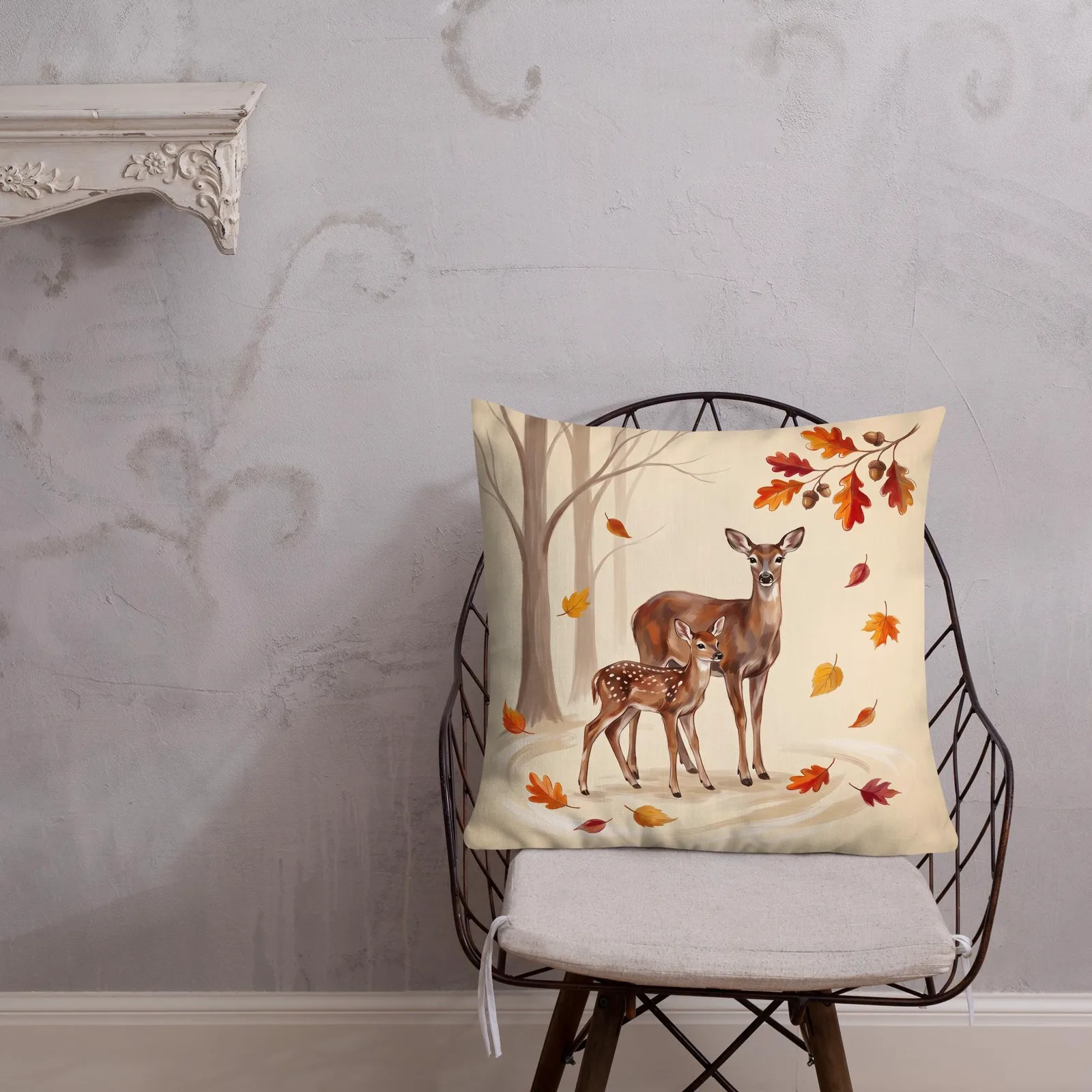 Doe and Fawn Throw Pillow: Cream Forest Animal Decor Cushion, photo 5