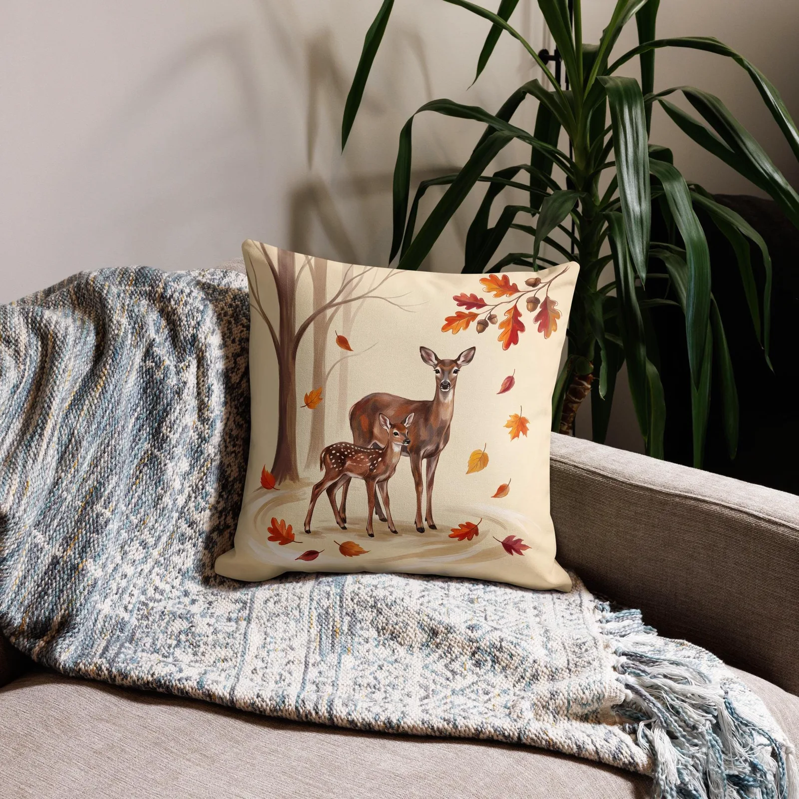 Doe and Fawn Throw Pillow: Cream Forest Animal Decor Cushion, photo 8