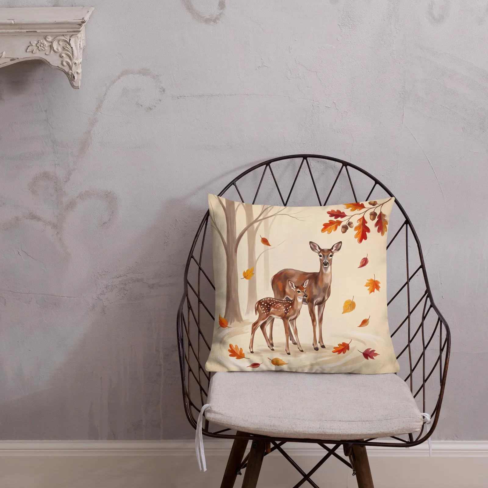 Doe and Fawn Throw Pillow: Cream Forest Animal Decor Cushion, photo 4