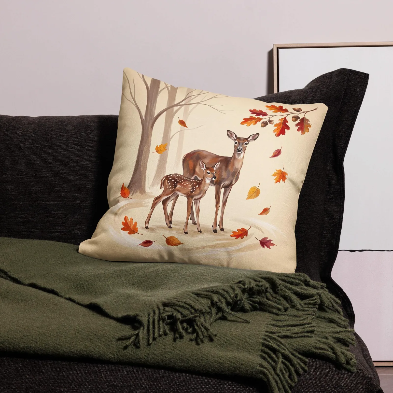 Doe and Fawn Throw Pillow: Cream Forest Animal Decor Cushion, photo 10