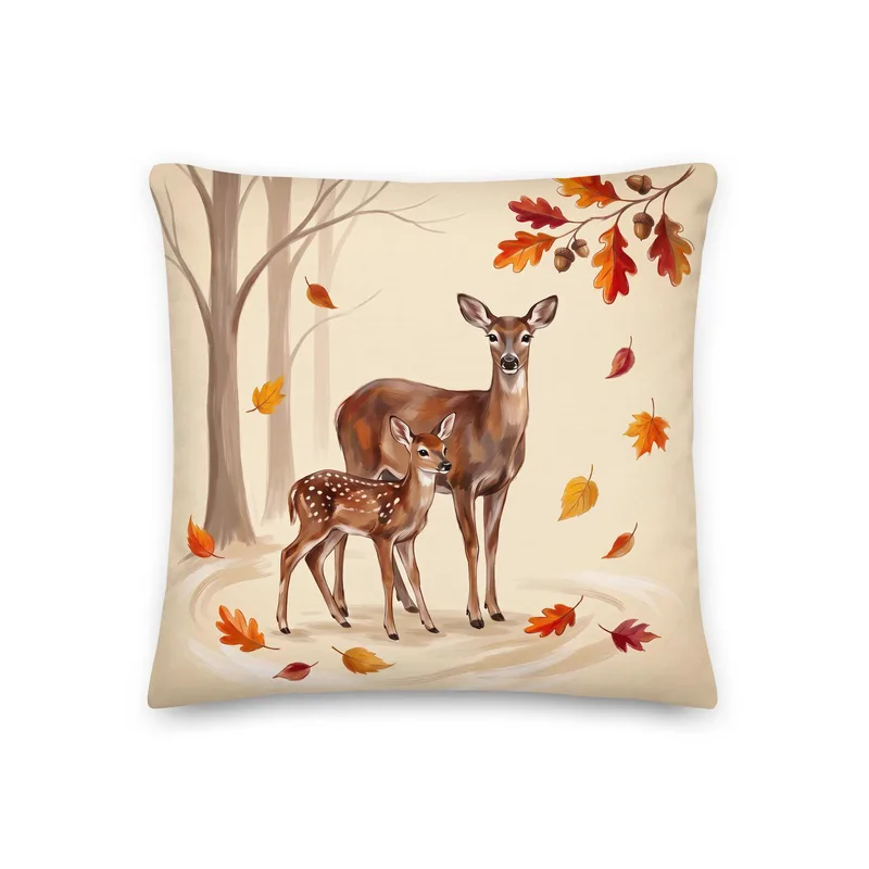 Doe and Fawn Throw Pillow: Cream Forest Animal Decor Cushion