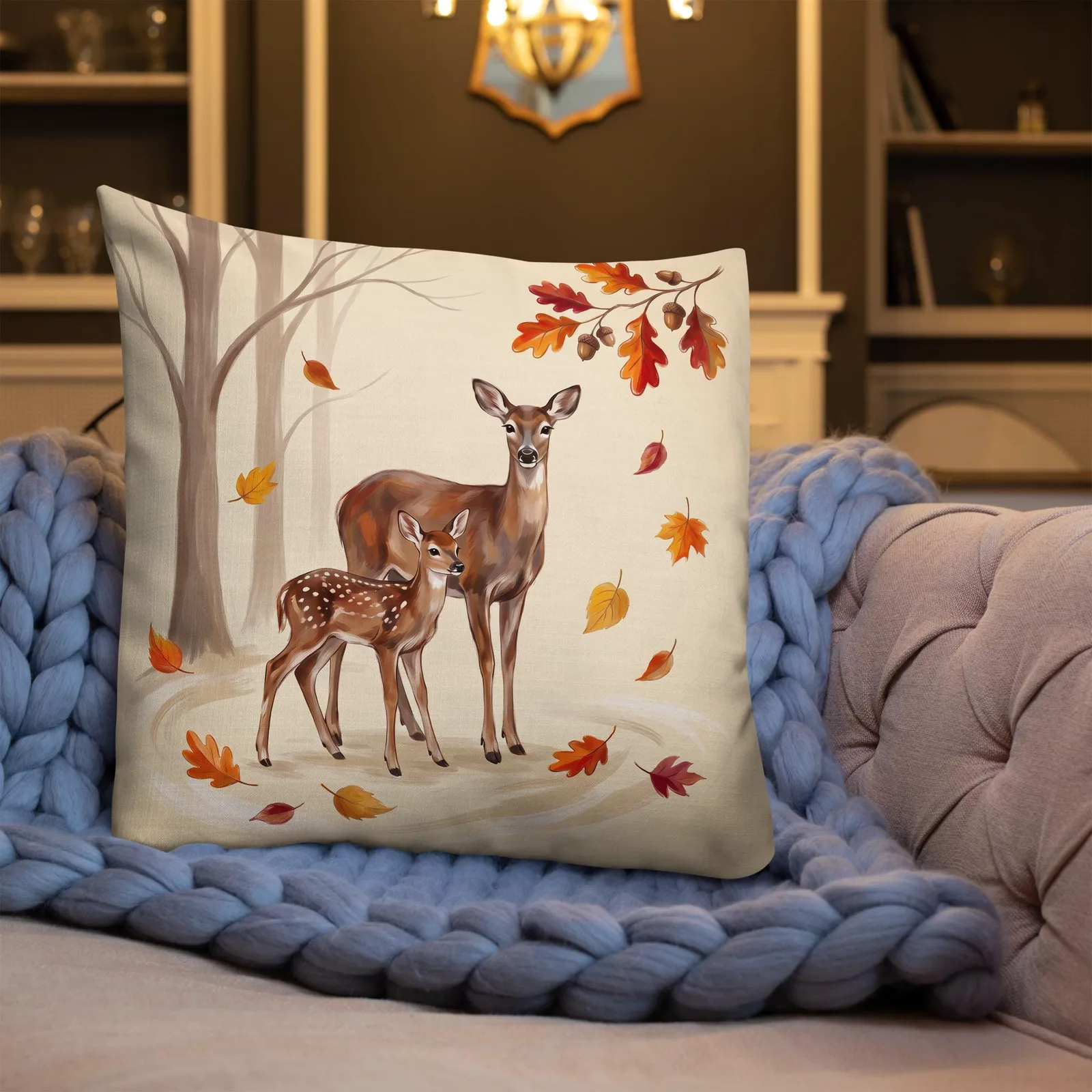 Doe and Fawn Throw Pillow: Cream Forest Animal Decor Cushion, photo 3