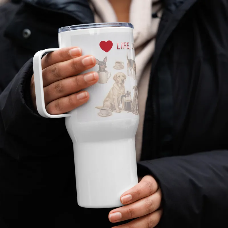 Dog Lover Travel Mug, Stainless Steel Tumbler, Coffee & Dog Art