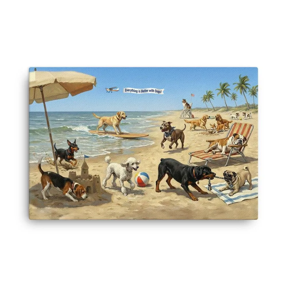 Dogs at the Beach Canvas Print: Coastal Dog Lover Wall Art