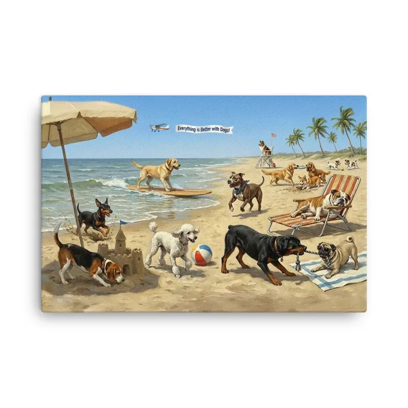 Dogs at the Beach Canvas Print: Coastal Dog Lover Wall Art