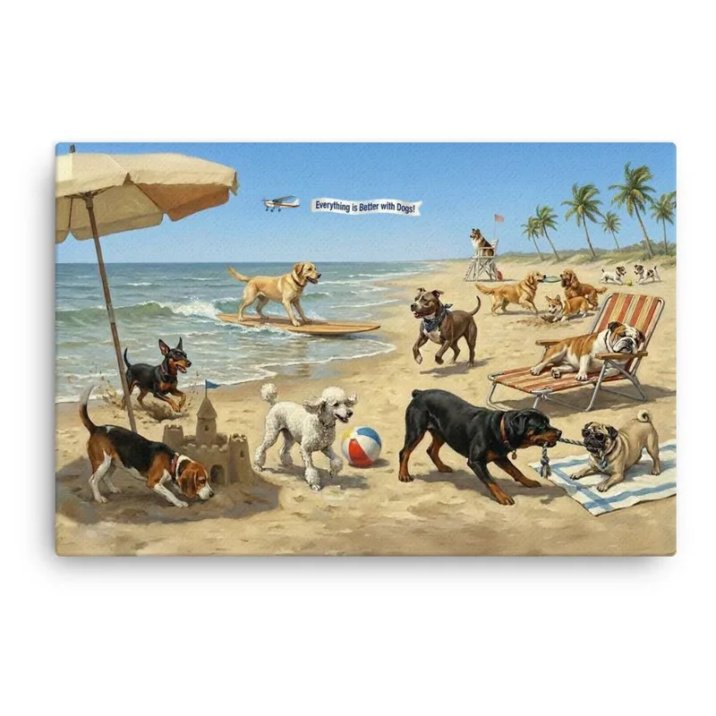 Dogs at the Beach Canvas Print: Coastal Dog Lover Wall Art
