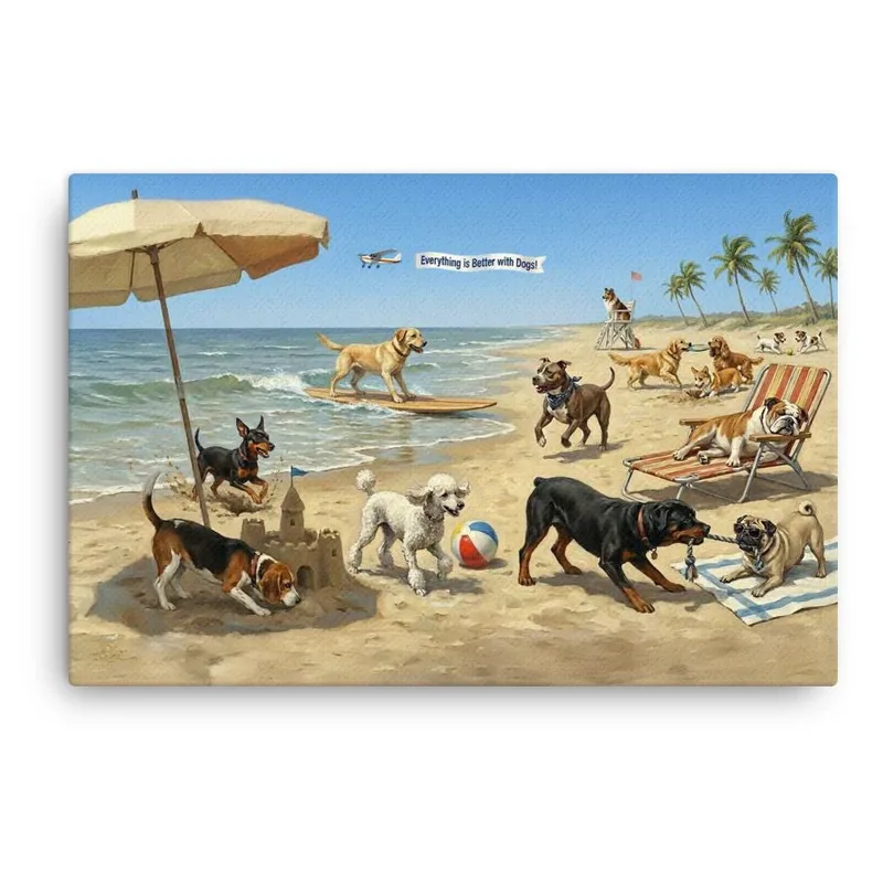 Dogs at the Beach Thin Canvas: Coastal Dog Lover Wall Art