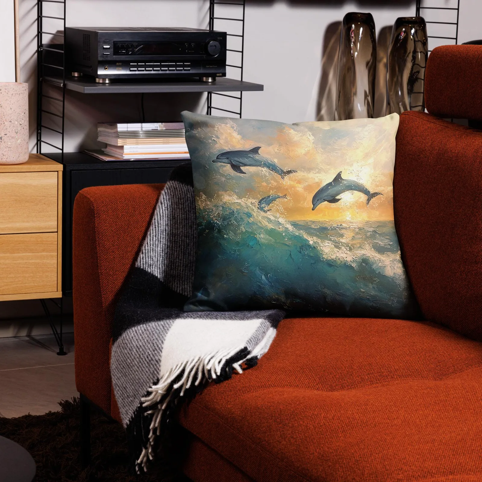 Dolphins at Sunrise Throw Pillow: Coastal Beach House Decor, photo 4