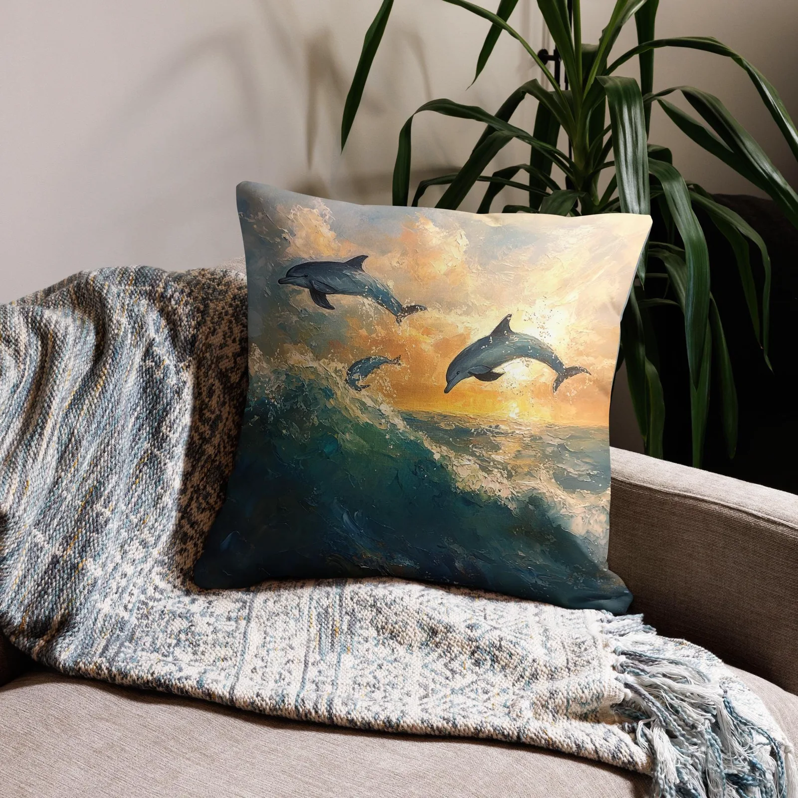 Dolphins at Sunrise Throw Pillow: Coastal Beach House Decor, photo 3
