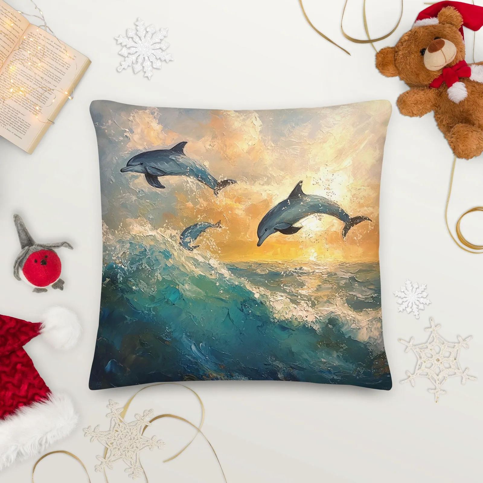 Dolphins at Sunrise Throw Pillow: Coastal Beach House Decor, photo 10