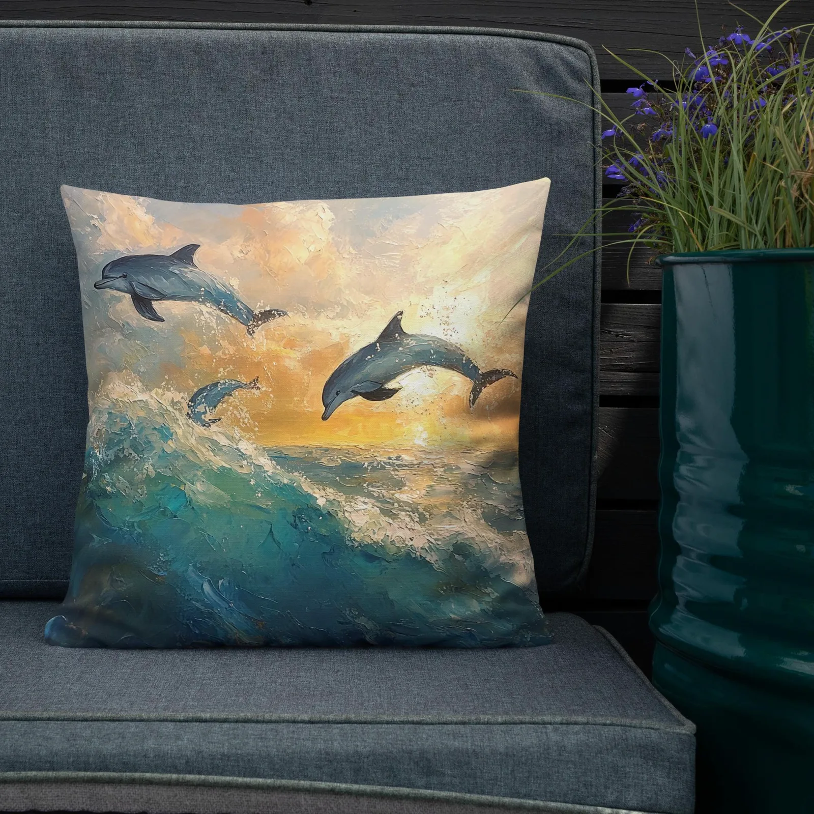 Dolphins at Sunrise Throw Pillow: Coastal Beach House Decor, photo 9