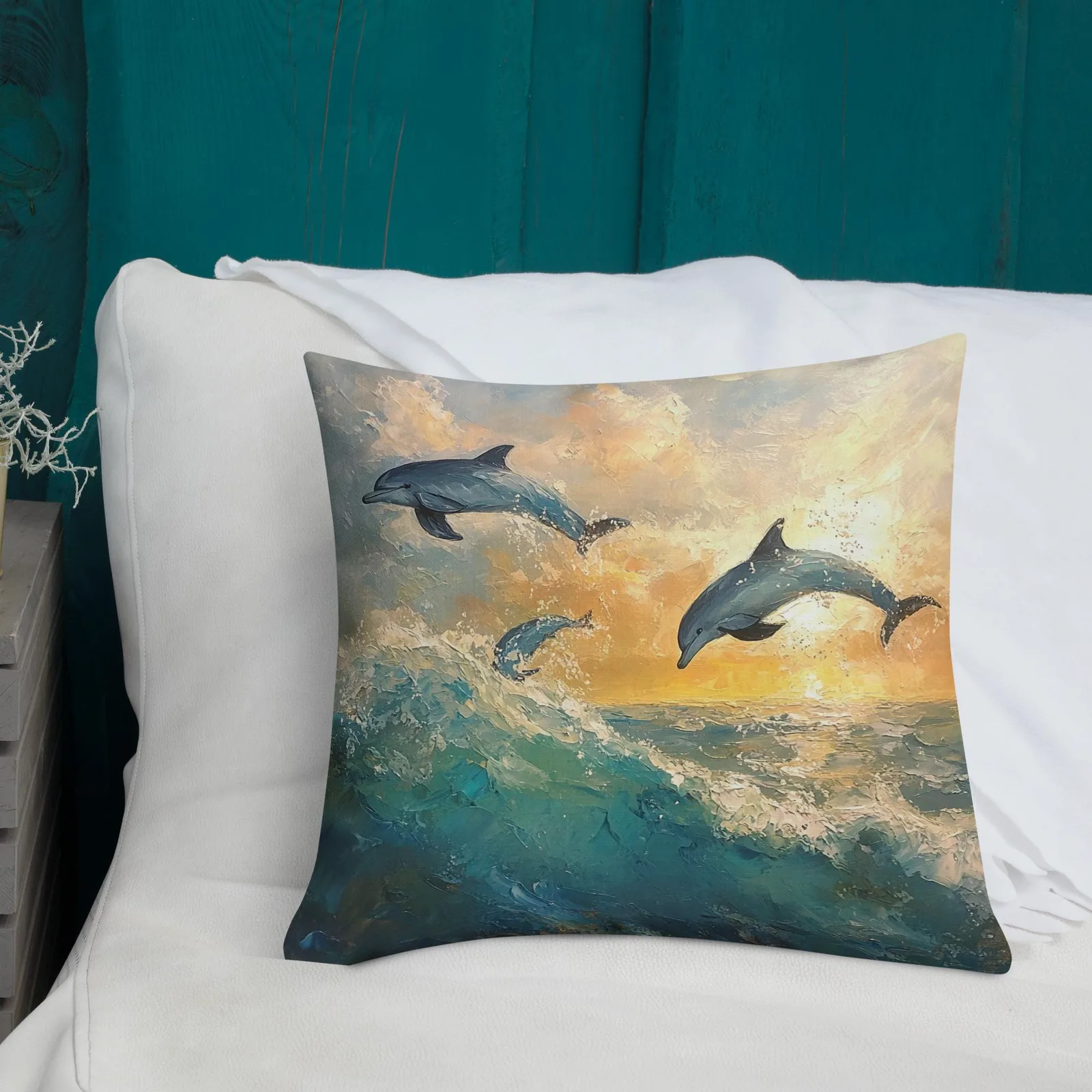 Dolphins at Sunrise Throw Pillow: Coastal Beach House Decor, photo 8