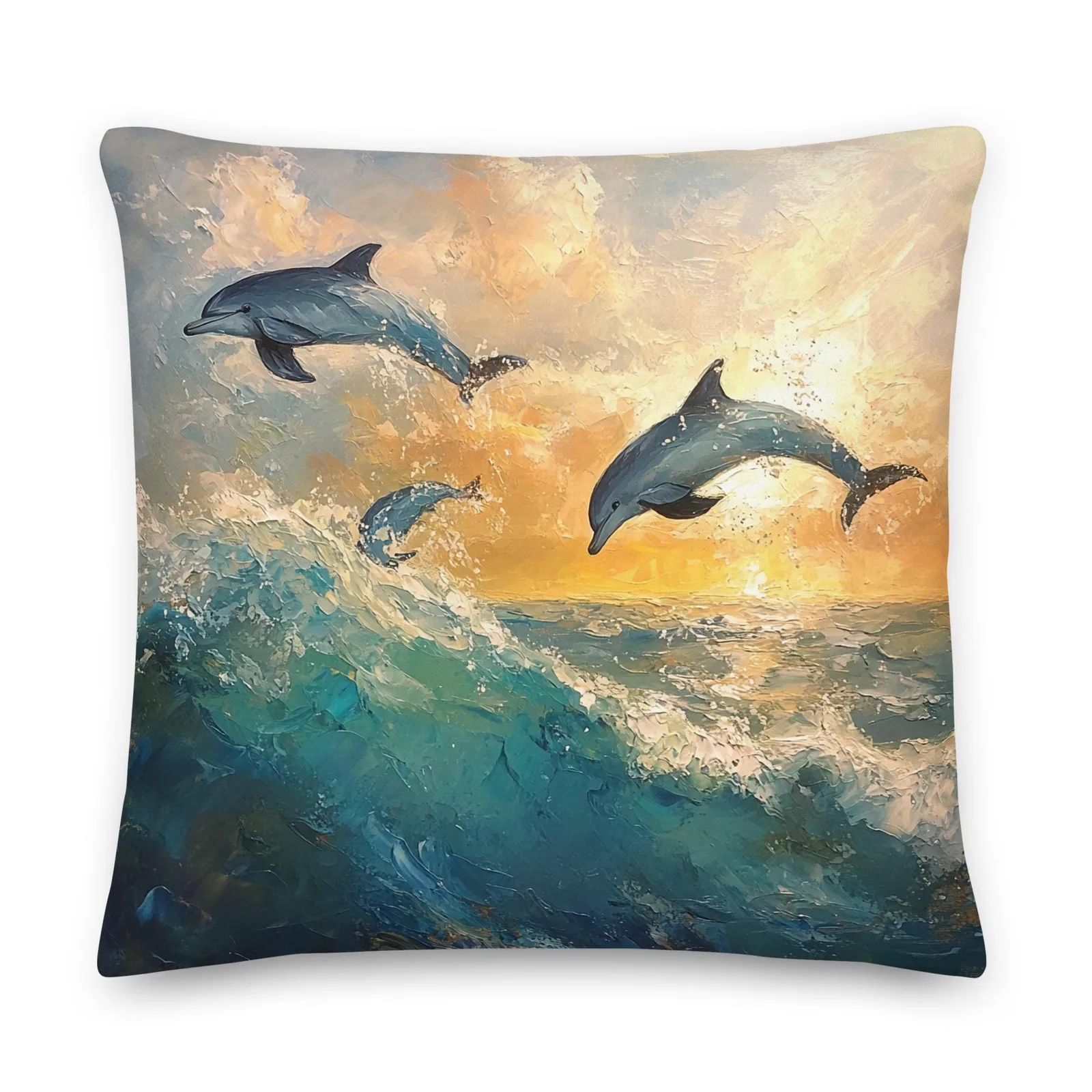 Dolphins at Sunrise Throw Pillow: Coastal Beach House Decor