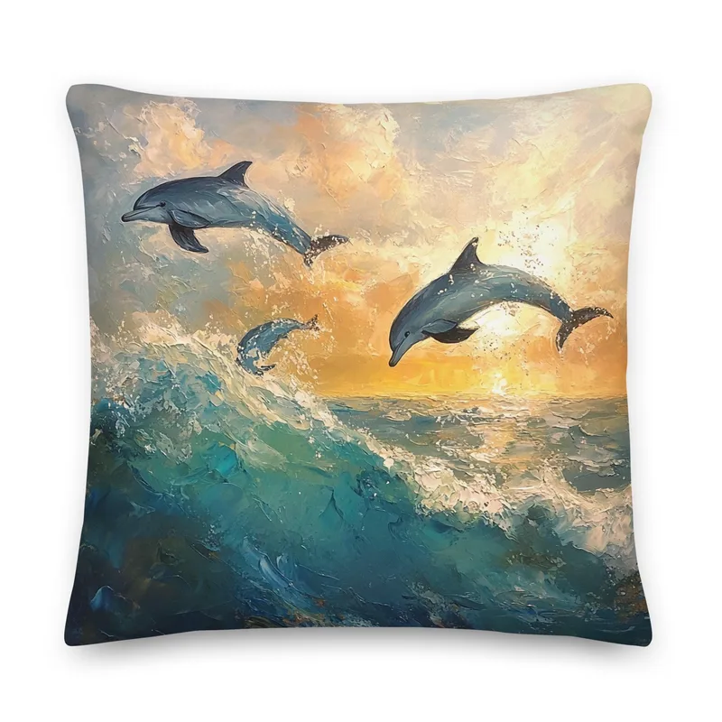 Dolphins at Sunrise Throw Pillow: Coastal Beach House Decor