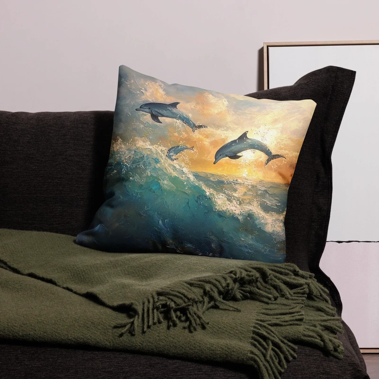 Dolphins at Sunrise Throw Pillow: Coastal Beach House Decor, photo 2