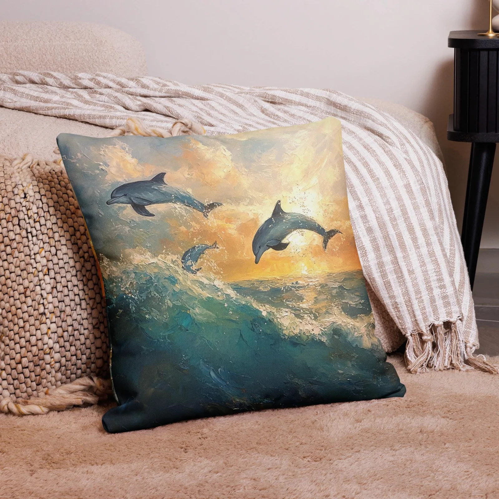 Dolphins at Sunrise Throw Pillow: Coastal Beach House Decor, photo 5