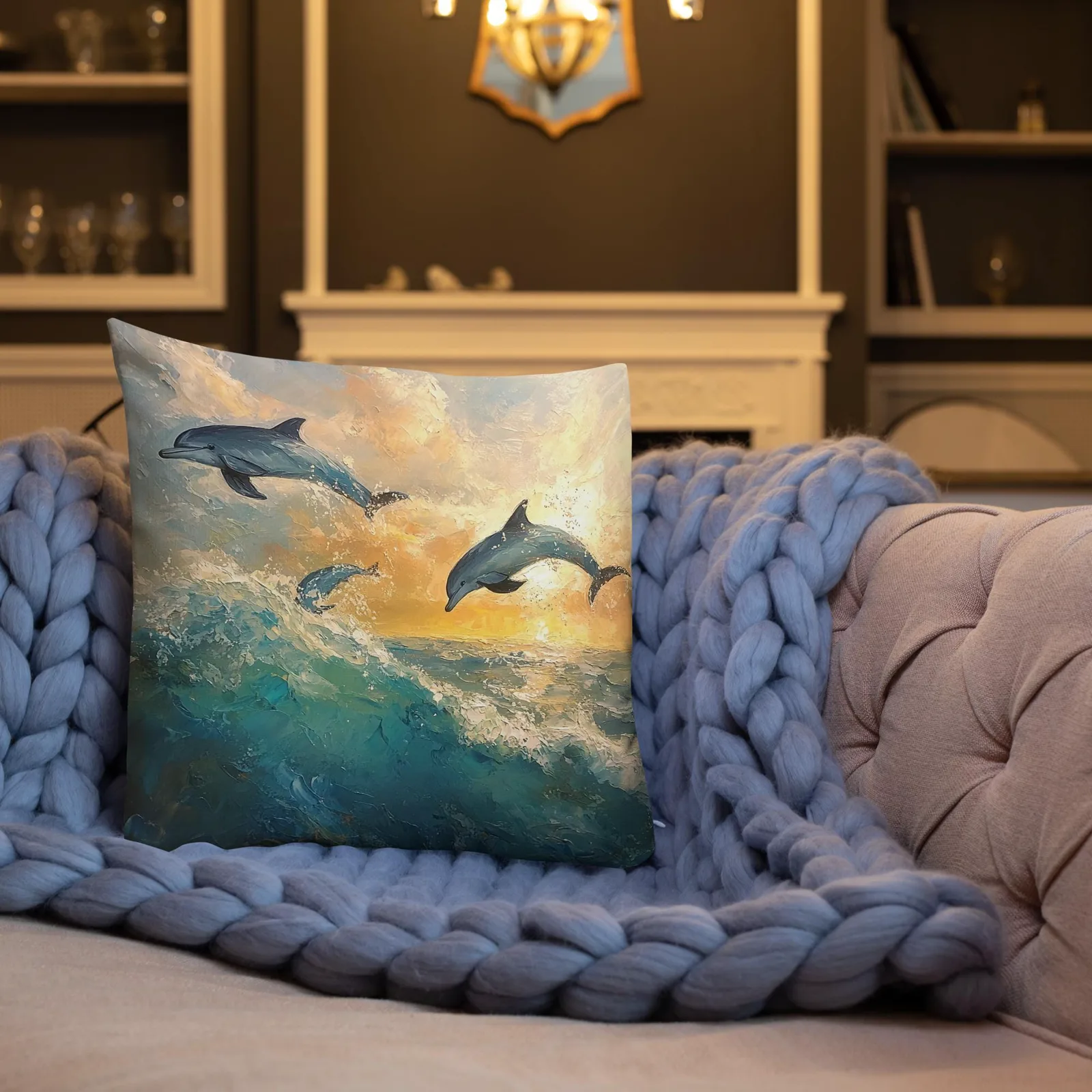 Dolphins at Sunrise Throw Pillow: Coastal Beach House Decor, photo 7