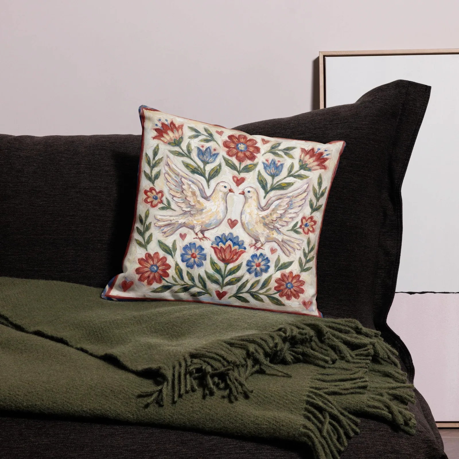 Dove Throw Pillow: Folk Art Floral Cushion, photo 2
