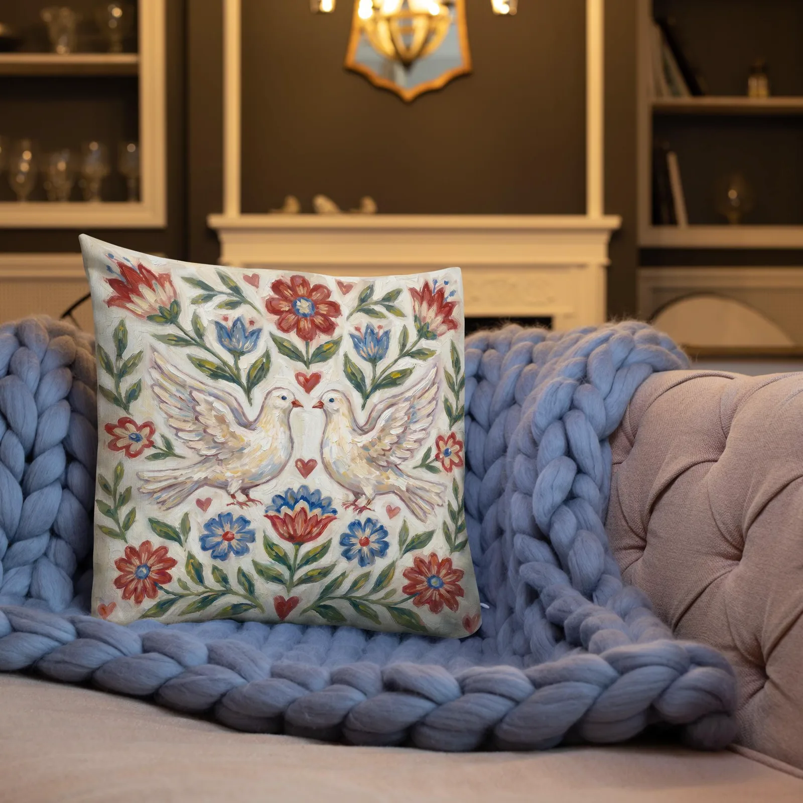 Dove Throw Pillow: Folk Art Floral Cushion, photo 7