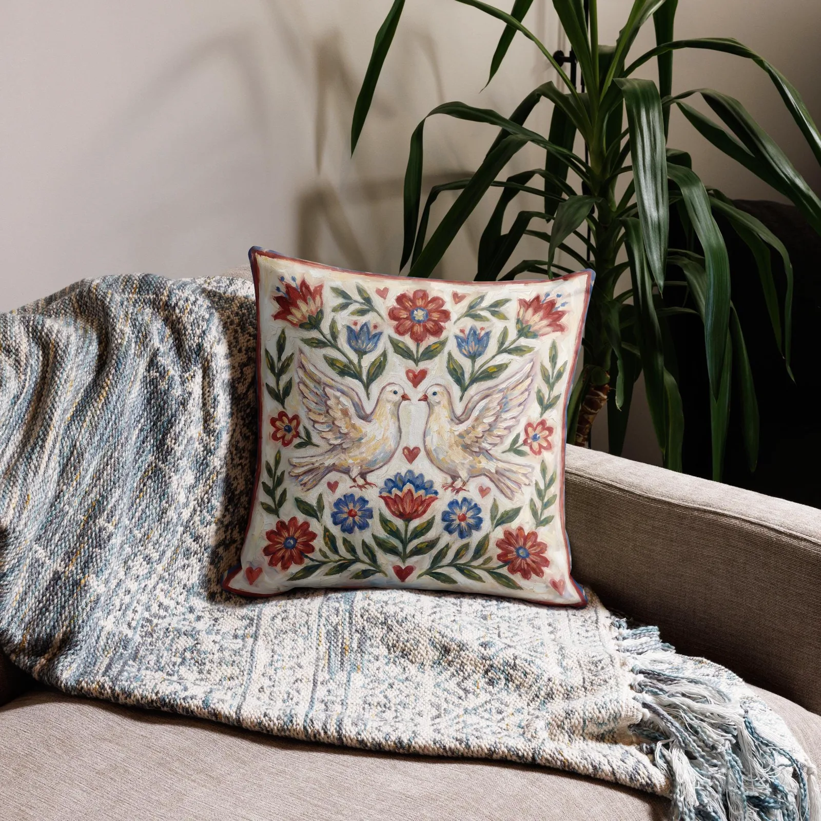 Dove Throw Pillow: Folk Art Floral Cushion, photo 5