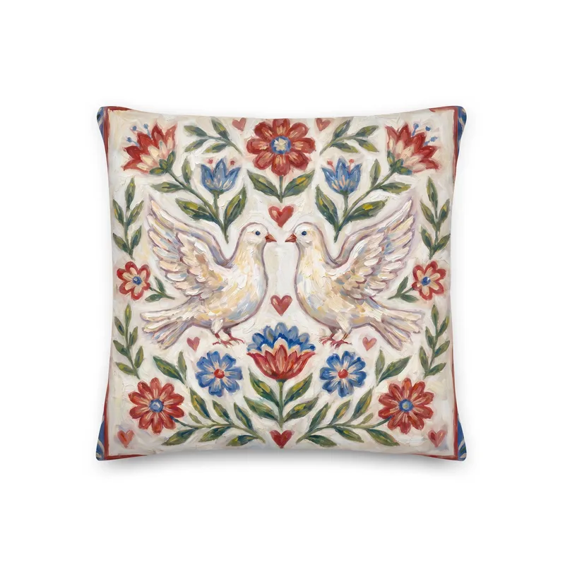 Dove Throw Pillow: Folk Art Floral Cushion
