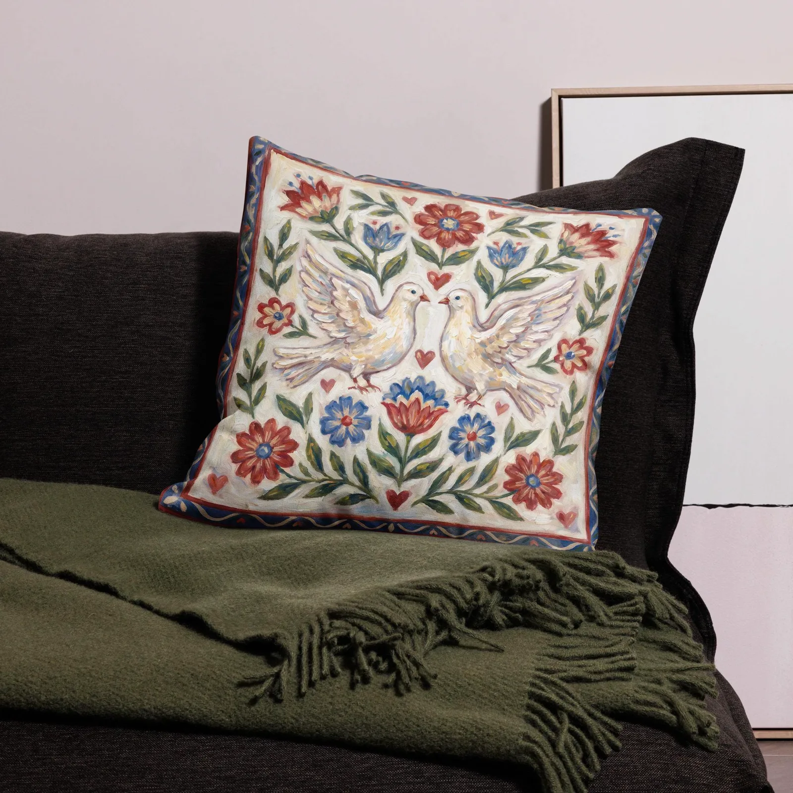 Dove Throw Pillow: Folk Art Floral Cushion, photo 3