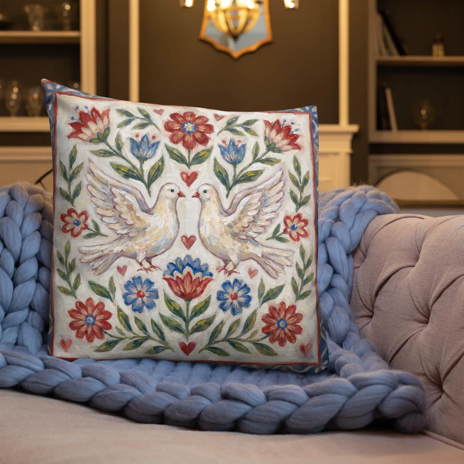 Dove Throw Pillow: Folk Art Floral Cushion, photo 8