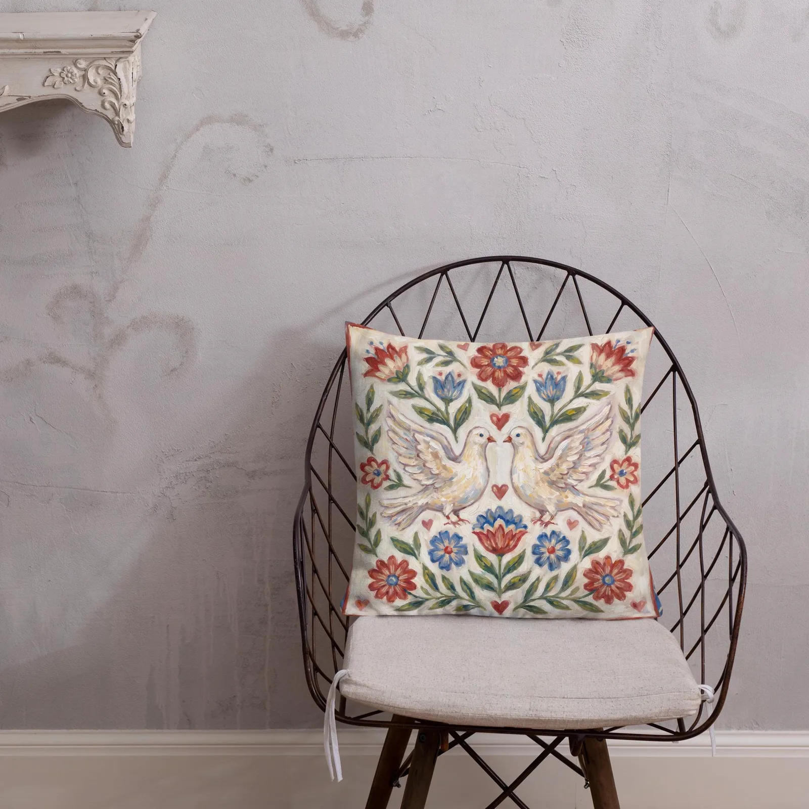 Dove Throw Pillow: Folk Art Floral Cushion, photo 9