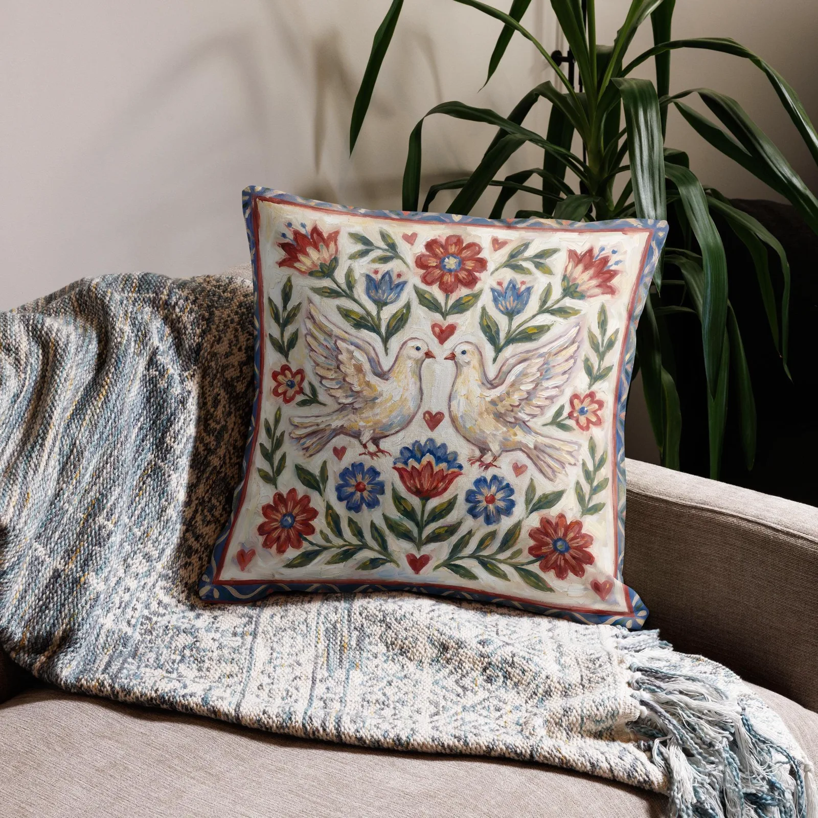 Dove Throw Pillow: Folk Art Floral Cushion, photo 6
