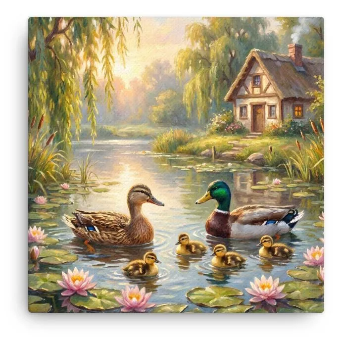 Duck Family Pond Thin Canvas: Mallard Duck Painting Wall Art