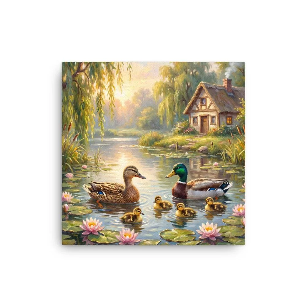 Duck Family Pond Thin Canvas: Mallard Duck Painting Wall Art