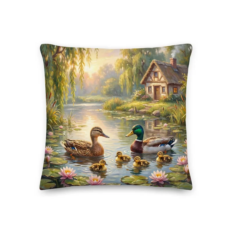 Duck Family Throw Pillow: Lily Pond Cottage Decor Cushion